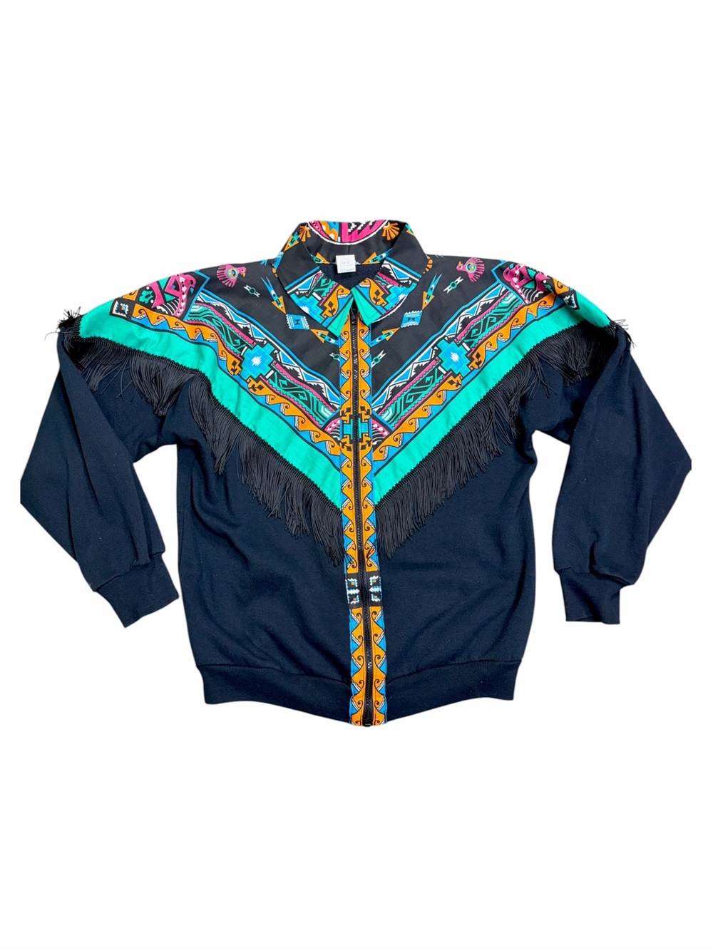 Vintage Jade Inc. Southwestern Native American Fringe Zip Jacket - Medium